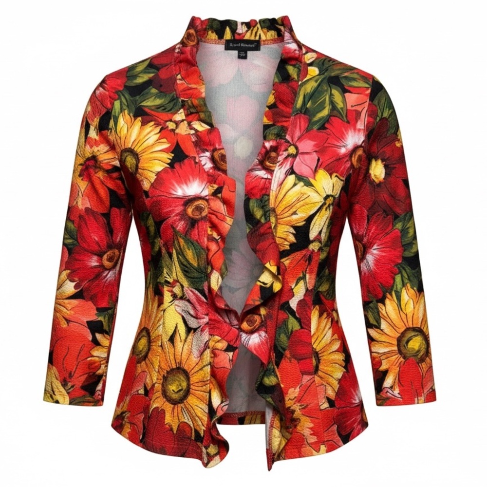 NWT Travel Elements Made in USA Floral Ruffle Jacket Open Cardigan Blazer S